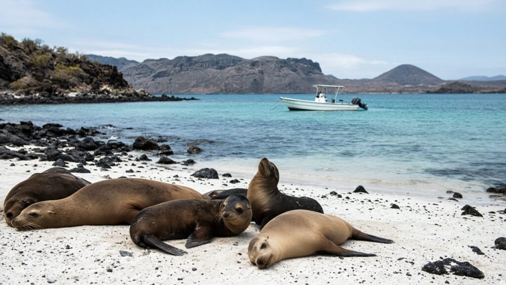 Lobo marino descansando en una playa de Galápagos en un viaje económico entre islas