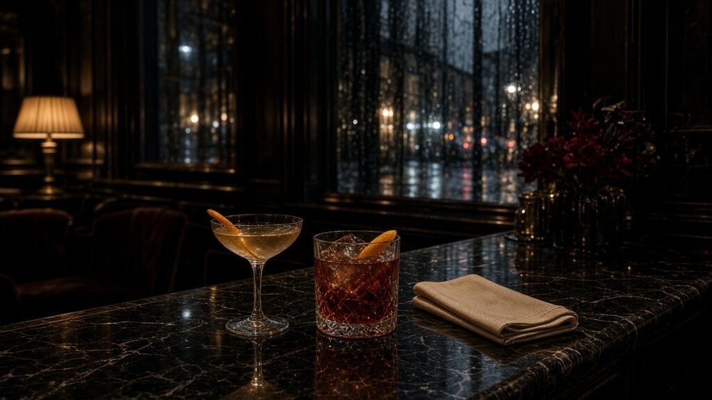 Softly lit hotel bar in Cuenca on a rainy evening