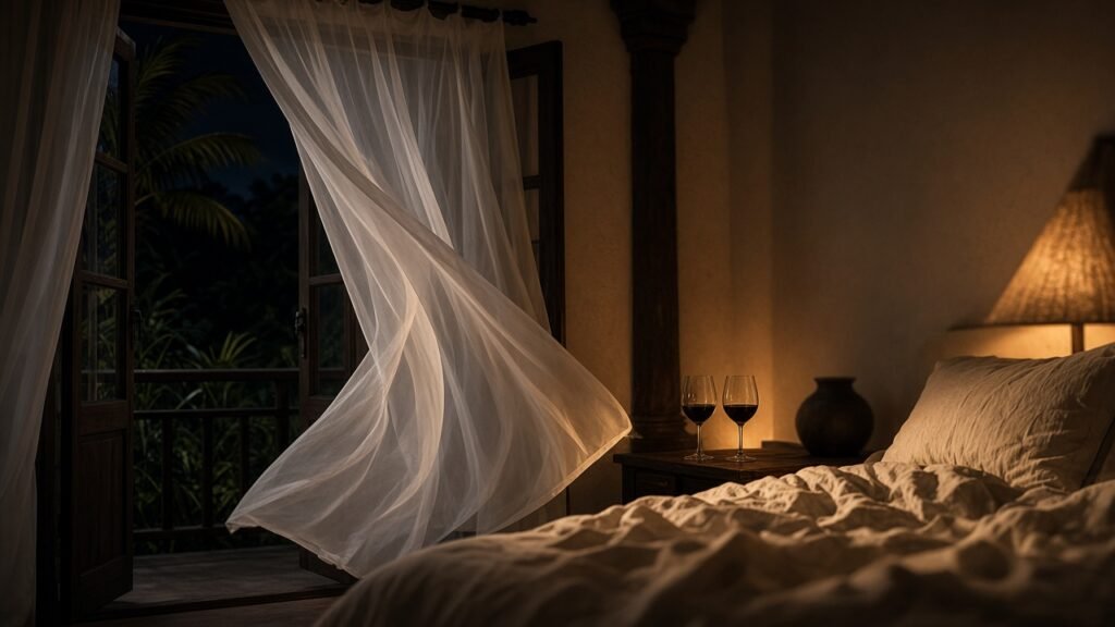 Una mujer con vestido de lino en el balcón de una villa frente al mar en una noche húmeda de la costa ecuatoriana
