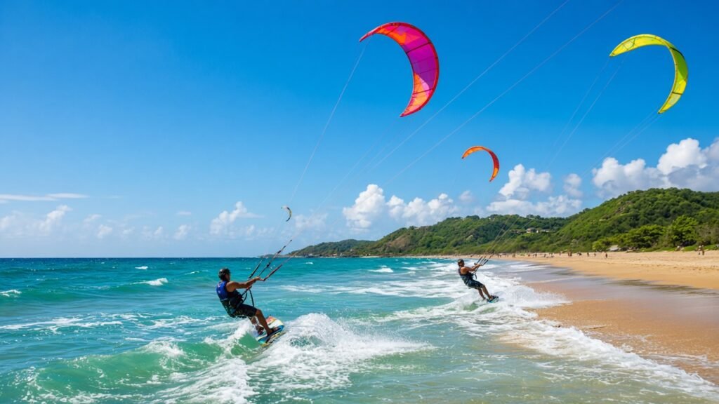 Kitesurfer riding the afternoon wind at Santa Marianita beach near Manta, Ecuador