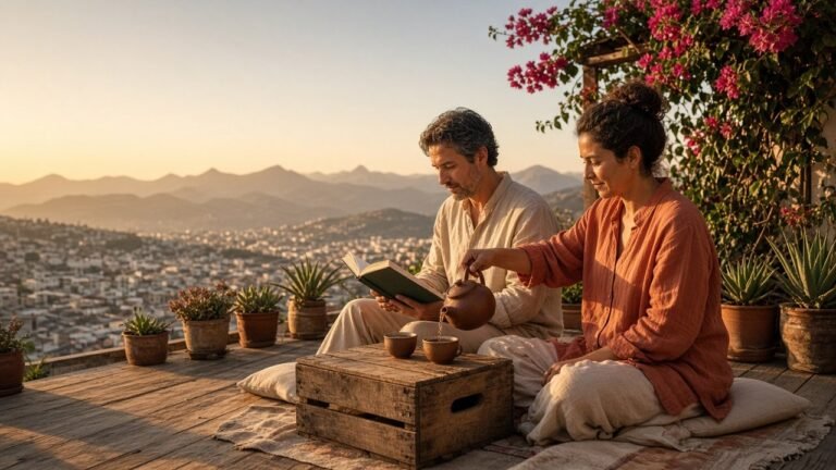 Couple relaxing on a Quito rooftop at sunset with tea and a law book