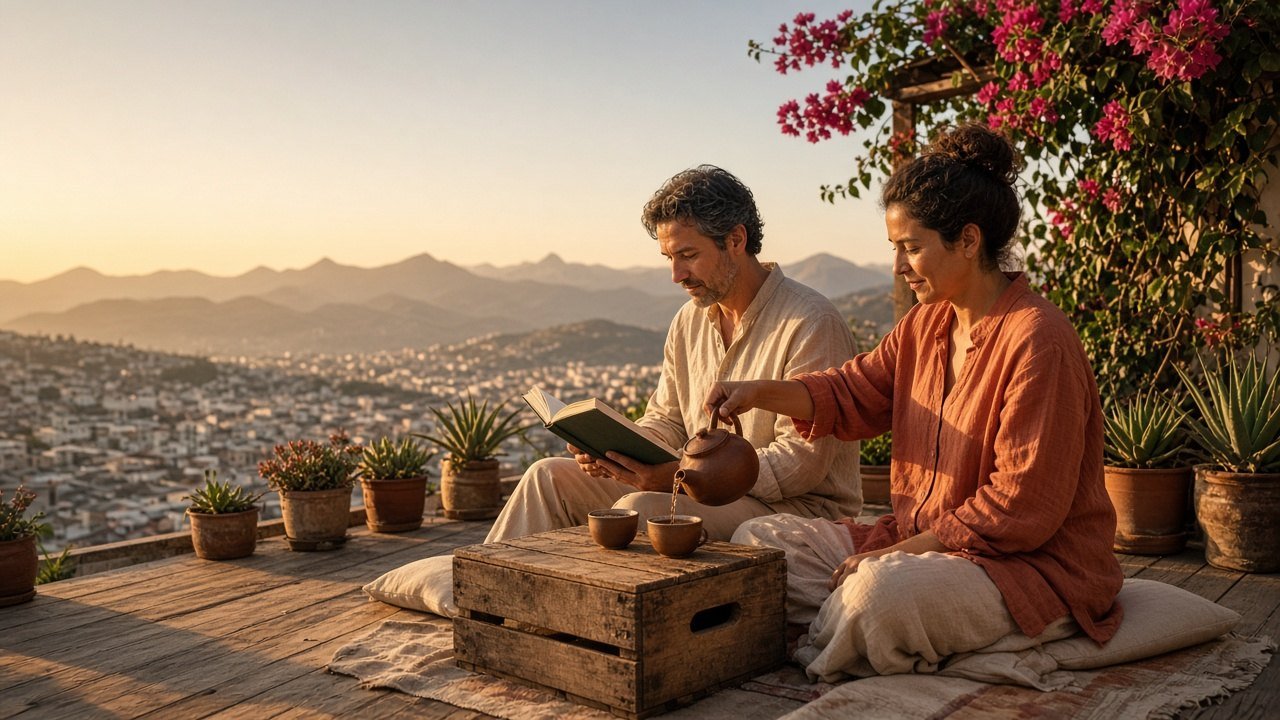 Couple relaxing on a Quito rooftop at sunset with tea and a law book