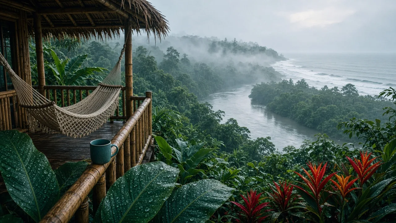 Bamboo eco-lodge in the jungle above the Ayampe river mouth