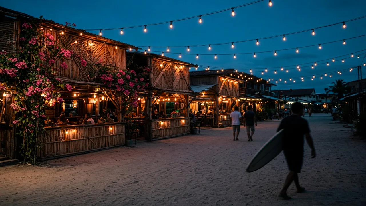 Montañita's bamboo bars lit up at dusk