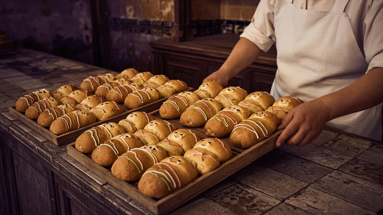 Trays of freshly decorated guaguas de pan in a Quito bakery