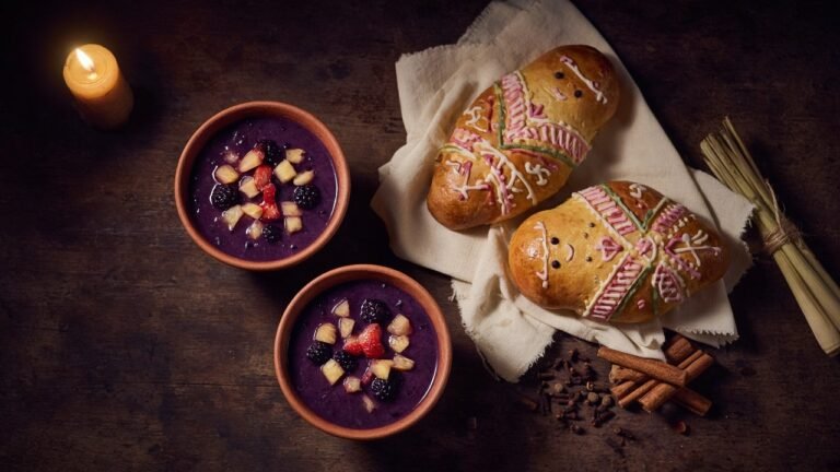 Colada morada in clay cups with decorated guaguas de pan