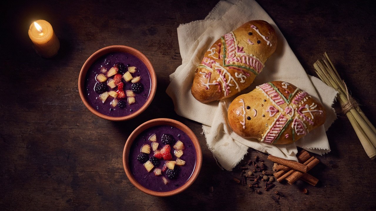 Colada morada in clay cups with decorated guaguas de pan