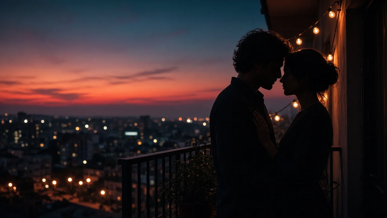 Couple talking tenderly on a balcony at dusk