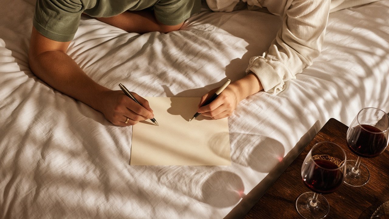 Couple laughing in bed as they fill out a list together