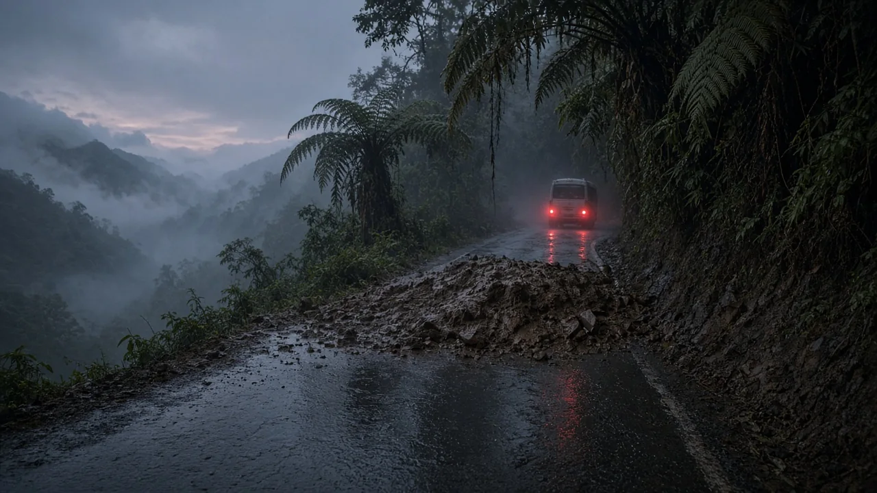 Foggy mountain road blocked by a landslide near Mindo
