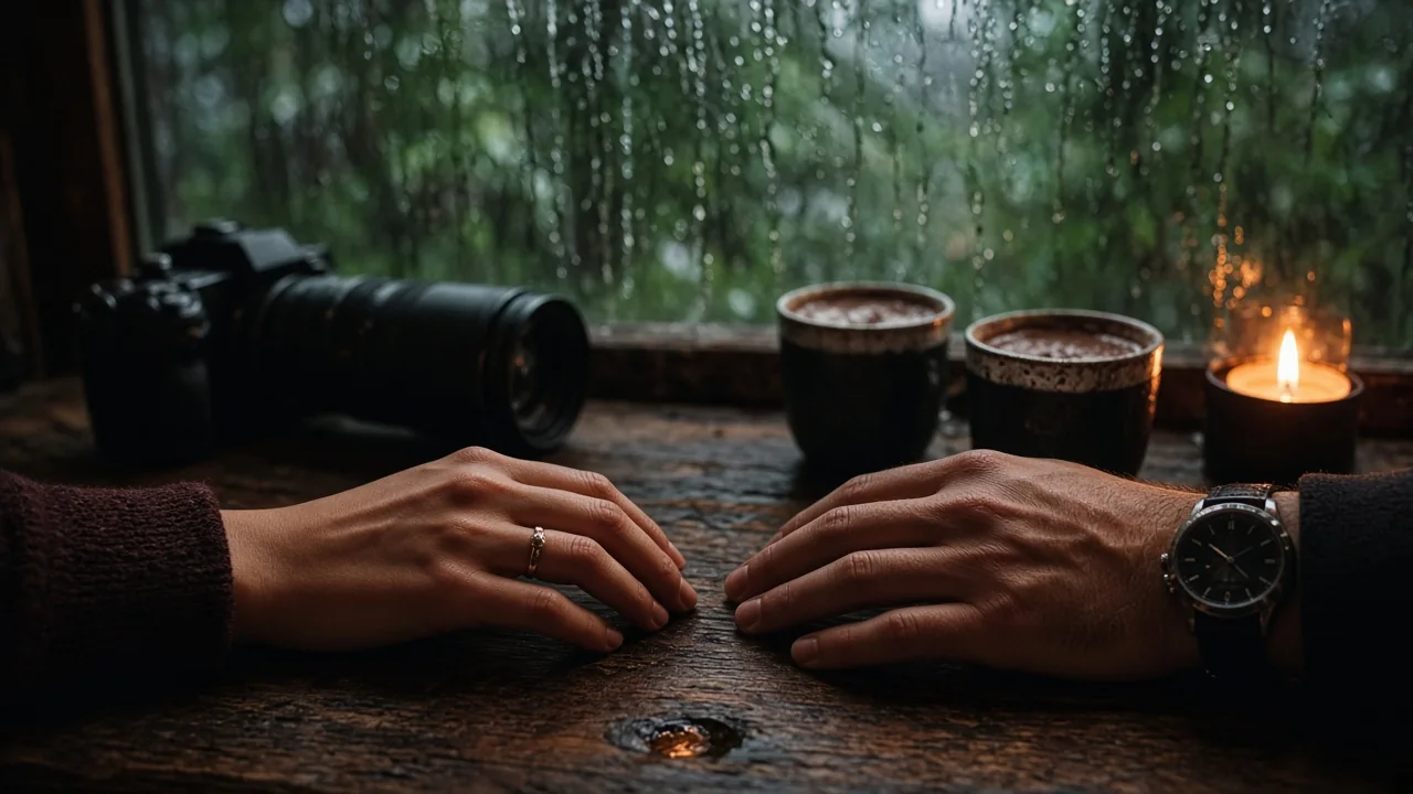 Two hands almost touching beside a camera and hot chocolate