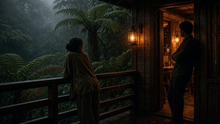 Woman on a rainy cloud-forest balcony glancing back at a man in the doorway