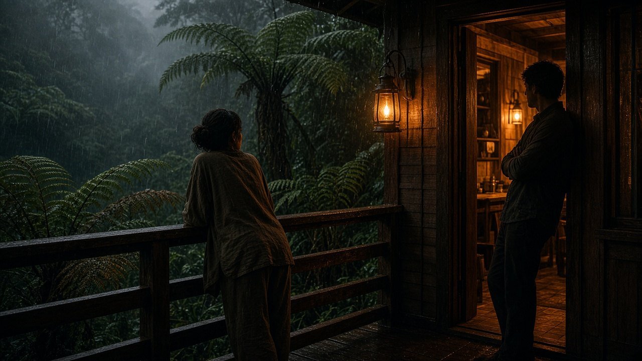 Woman on a rainy cloud-forest balcony glancing back at a man in the doorway