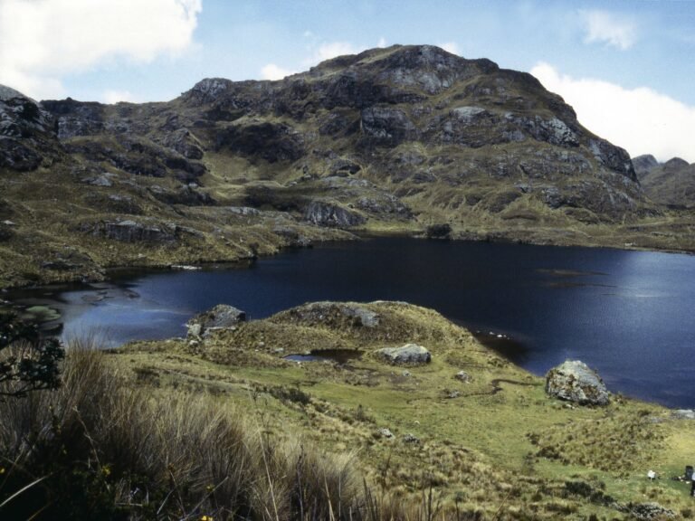Laguna Toreadora ringed by páramo grass and rocky ridges in Cajas National Park