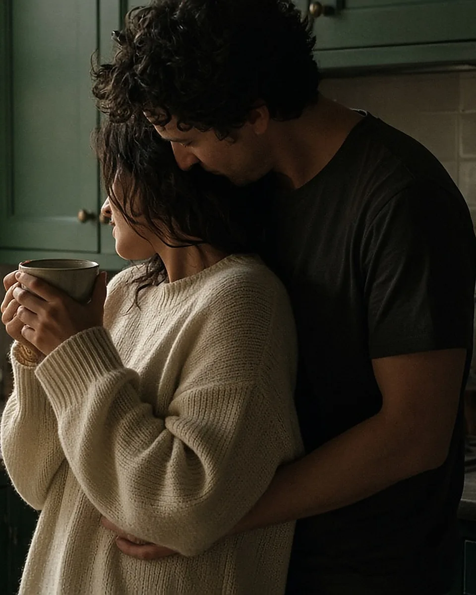 Una pareja se abraza despacio por la espalda en una cocina iluminada por el sol
