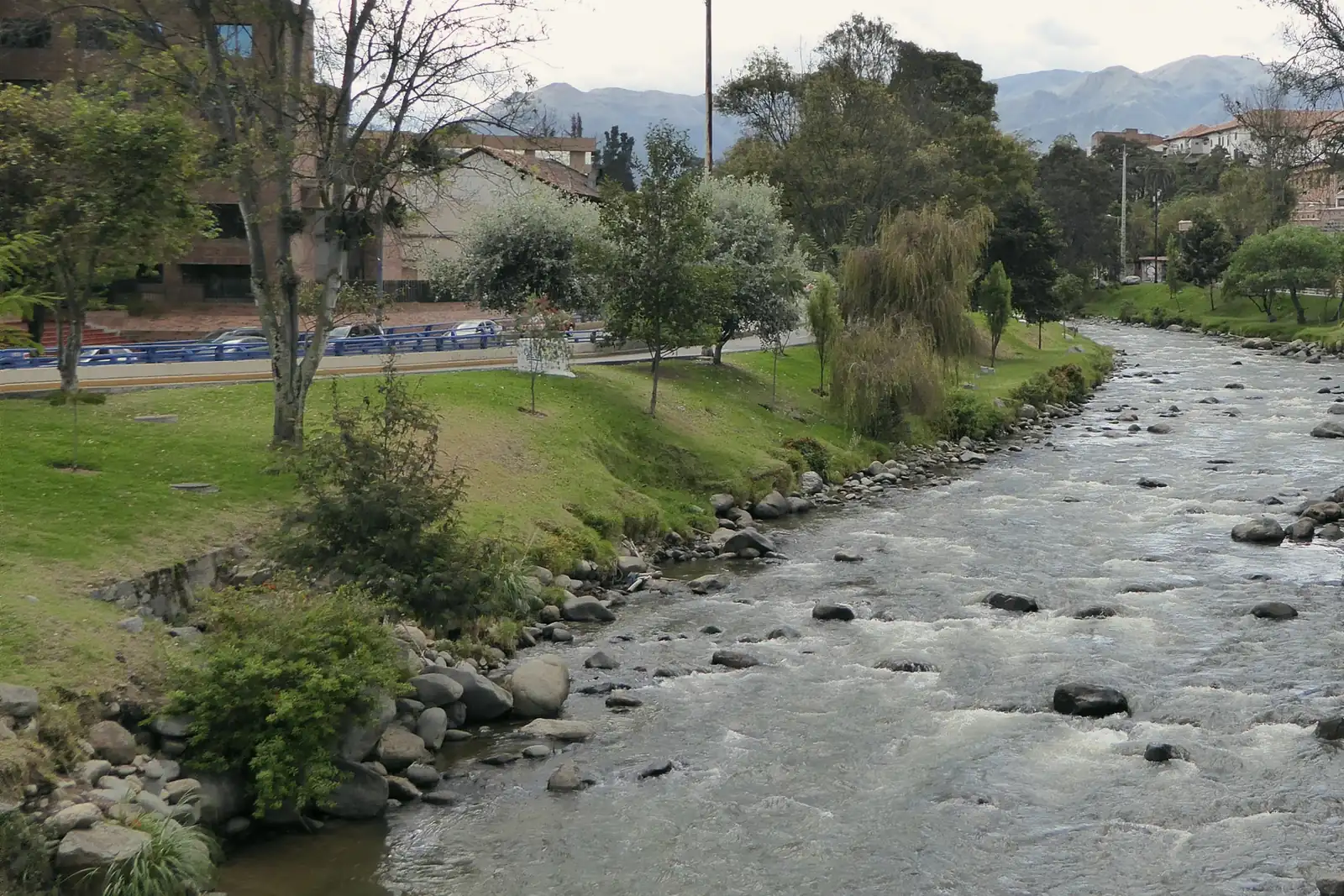 El río Tomebamba corre entre piedras y orillas verdes bordeadas de árboles en Cuenca, con montañas al fondo