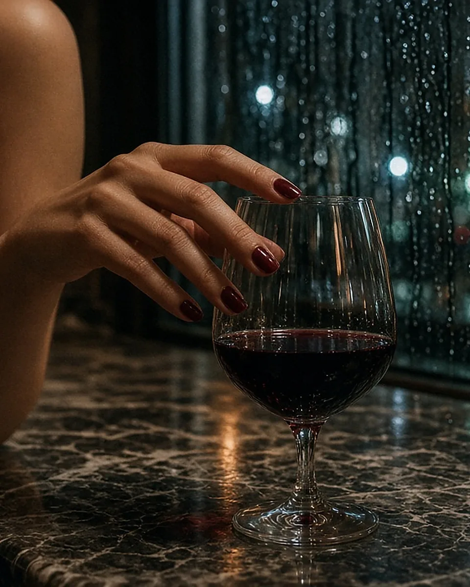 A woman's hand traces the rim of a wine glass at a hotel bar on a rainy night