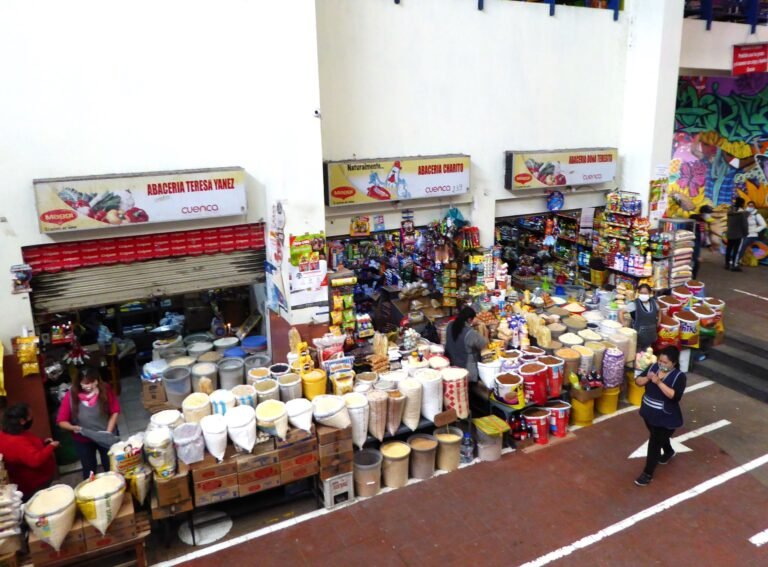 Produce and food stalls inside a covered municipal market in Cuenca, Ecuador, seen from above