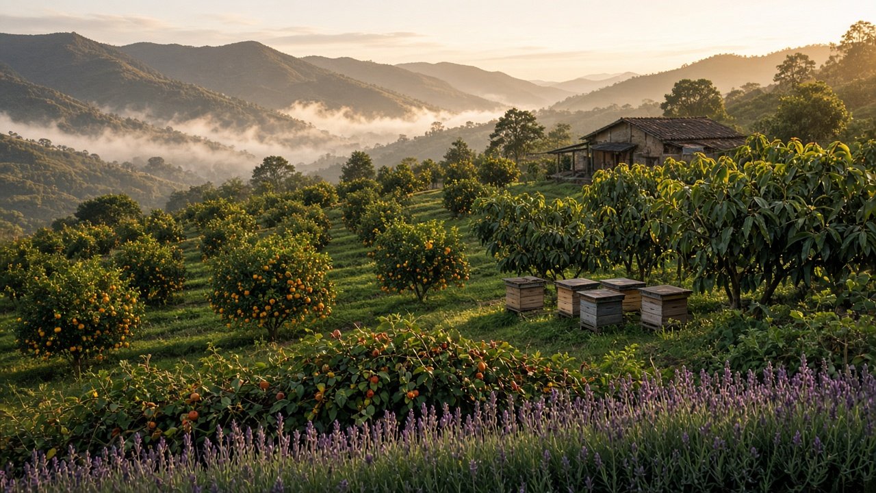 Andean highland farm in Ecuador at golden hour with orchards, beehives and lavender