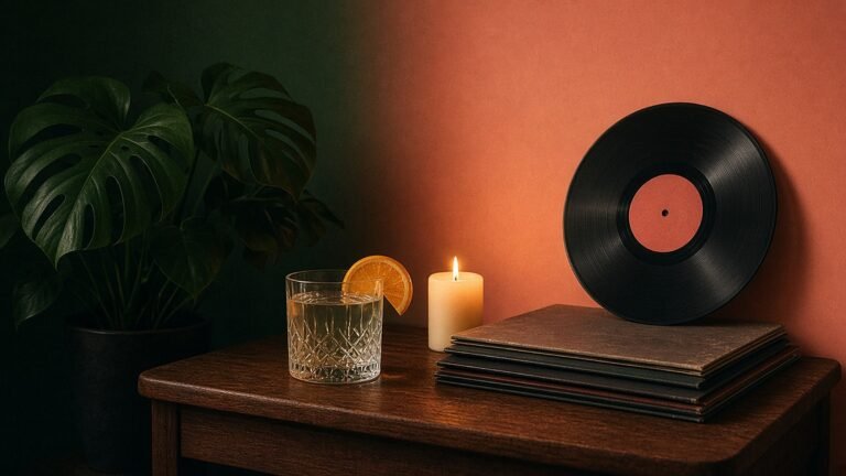 A vinyl record, a glass of mezcal with an orange slice and a lit candle on a wooden side table beside a monstera