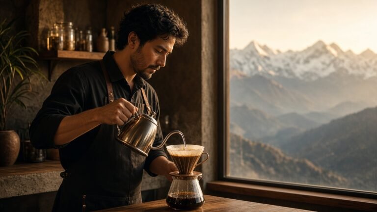 Café de especialidad preparándose en una cafetería de Quito