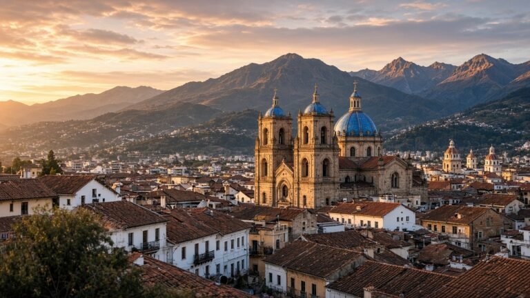Calles coloniales y vista a las montañas en una ciudad de Ecuador para jubilarse